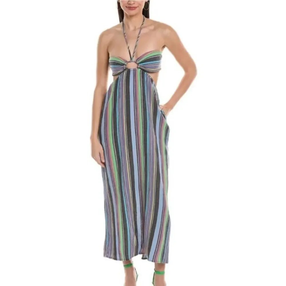 Mara Hoffman Rainbow Striped Midi Halter Dress Size S Open Back Organic Cotton